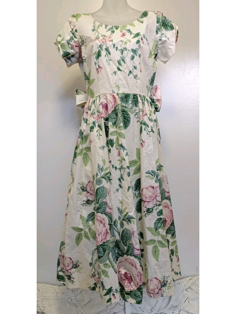 Vintage Sara Campbell Dress Chintz Cabbage Rose Bow Back Midi Coquette 8 USA 80s